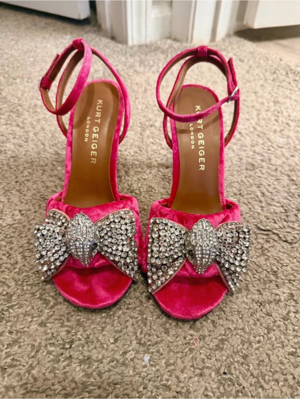 Kurt Geiger Hot Pink Velvet Ankle-Strap Heels with Crystal Bows